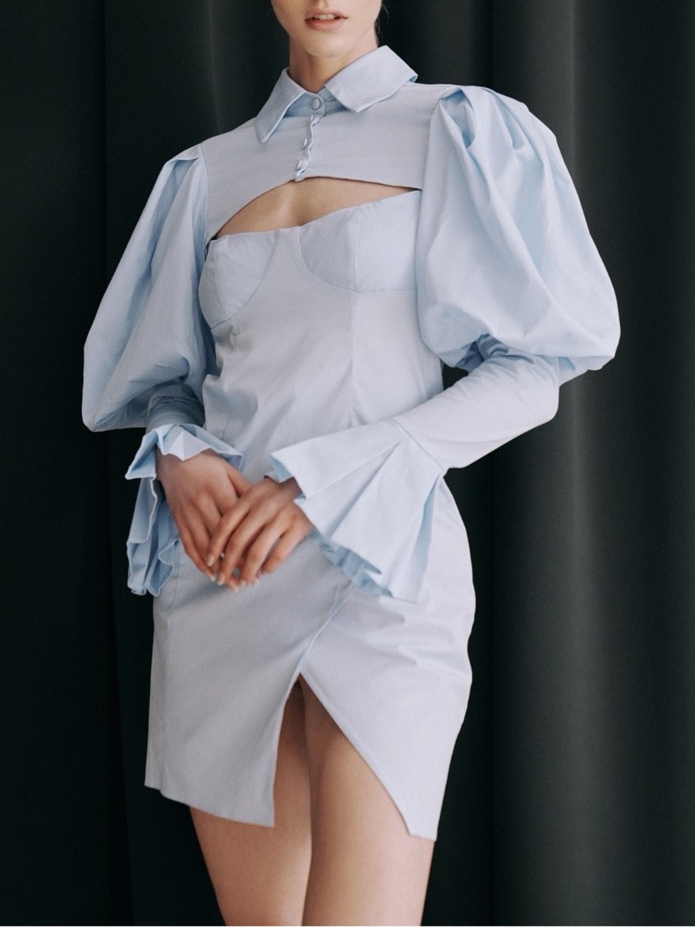 ASOS Luxe Peekaboo Puff Long Sleeve Light Blue Mini Cocktail Dress Size 0 NWT